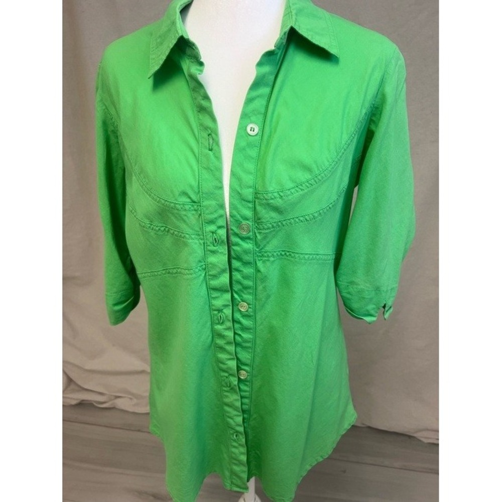 Anthropologie Porridge Green Button Down Shirt‎ Sz 3 L 3/4 Sleeve Cotton Coastal